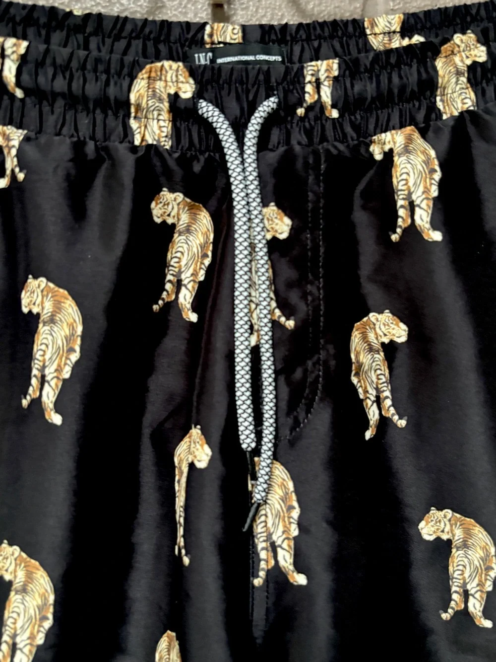 INC tiger, print black swim trunks M